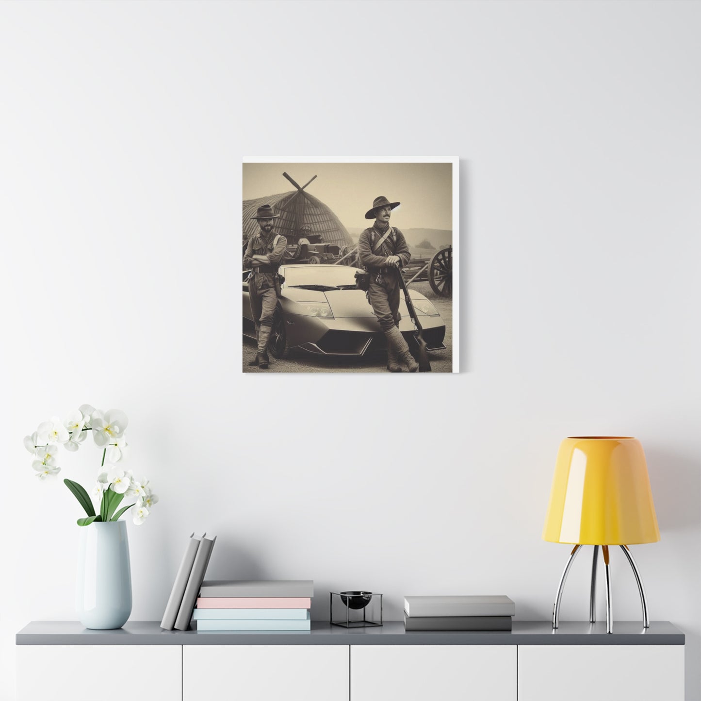 Civil War Soldiers leaning against a Modern Sports Car Antique Art