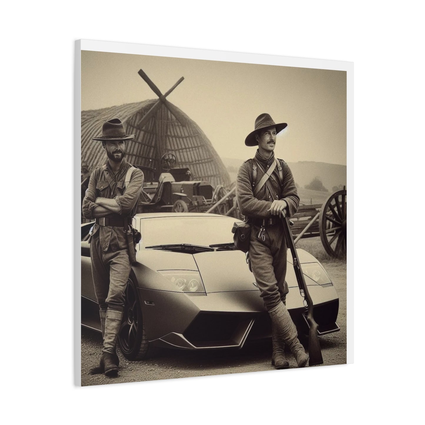 Civil War Soldiers leaning against a Modern Sports Car Antique Art