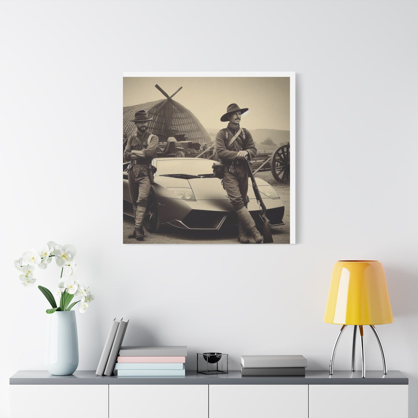 Civil War Soldiers leaning against a Modern Sports Car Antique Art