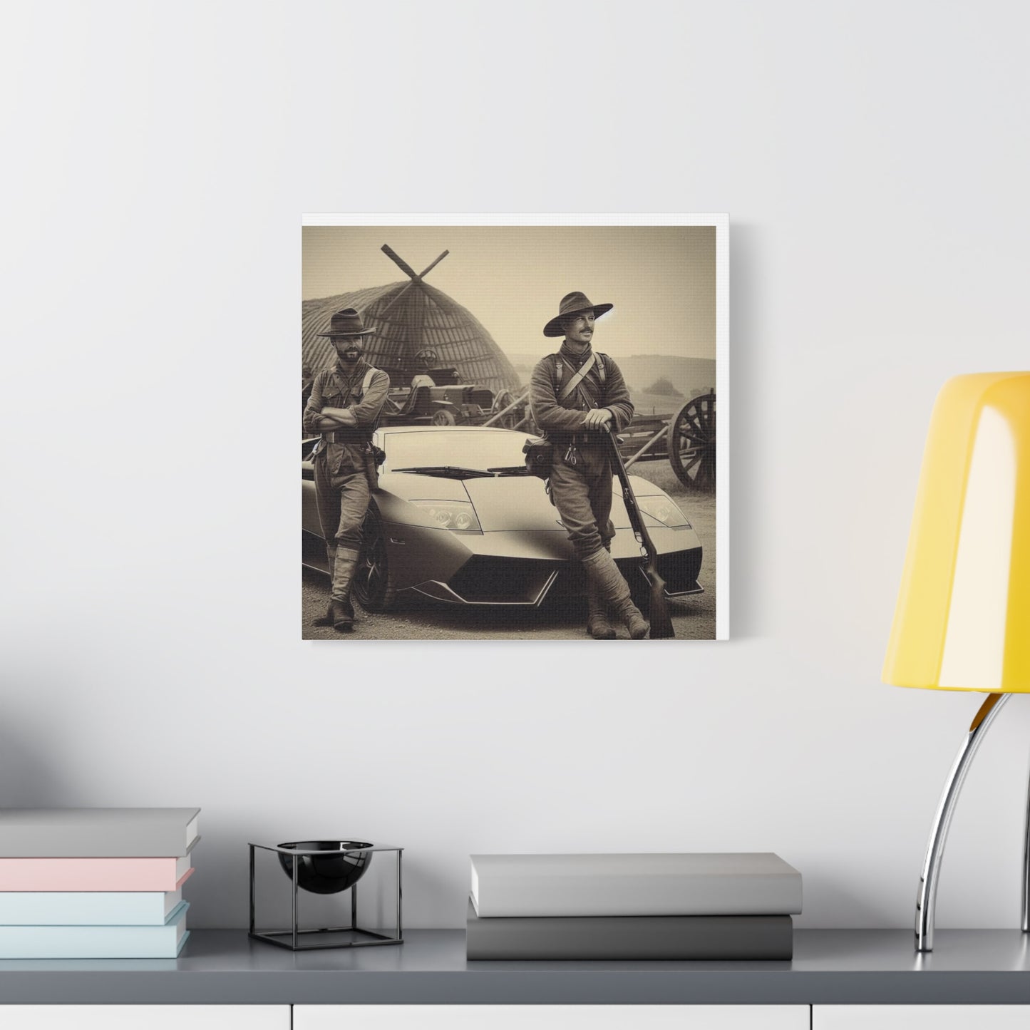 Civil War Soldiers leaning against a Modern Sports Car Antique Art