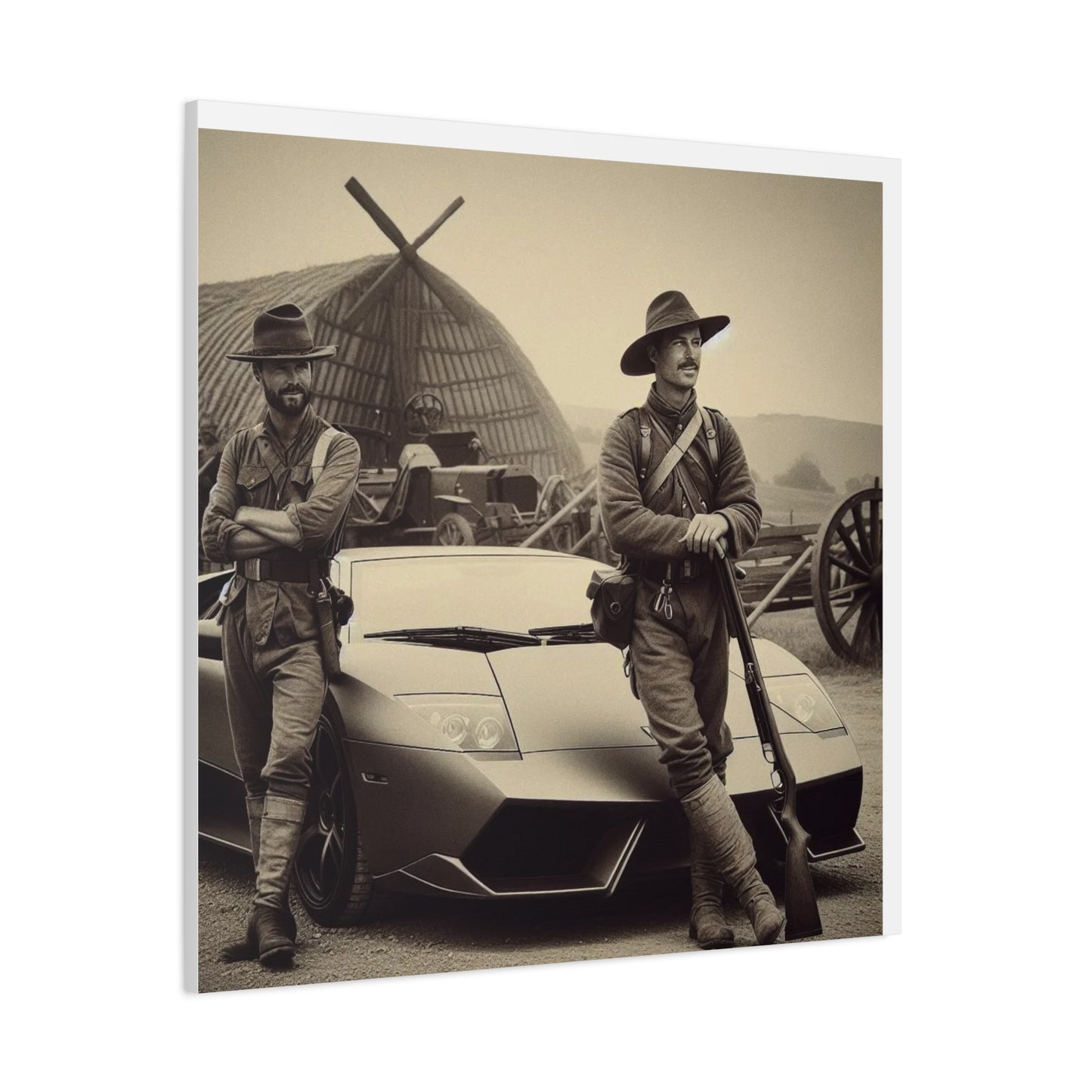 Civil War Soldiers leaning against a Modern Sports Car Antique Art