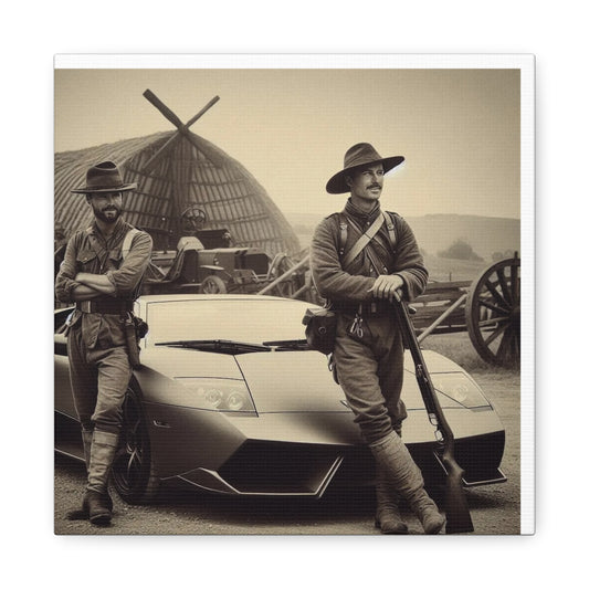 Civil War Soldiers leaning against a Modern Sports Car Antique Art