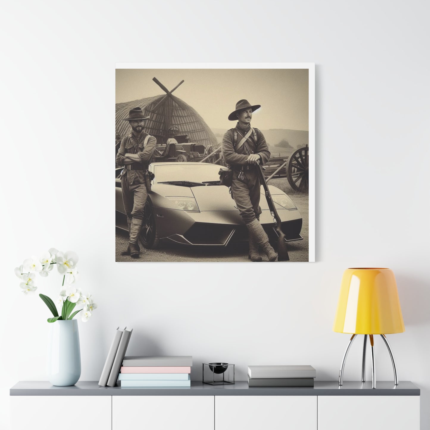 Civil War Soldiers leaning against a Modern Sports Car Antique Art