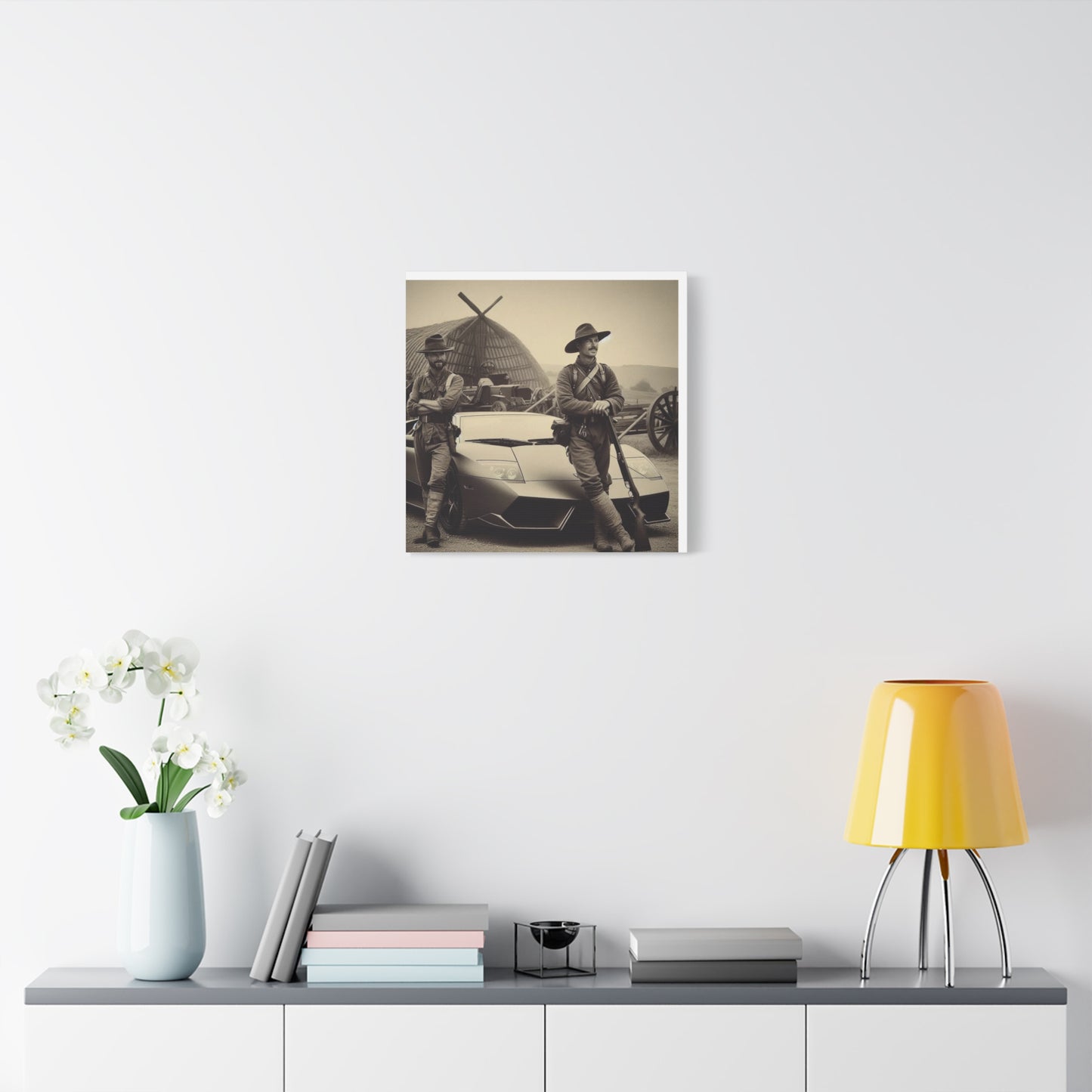 Civil War Soldiers leaning against a Modern Sports Car Antique Art