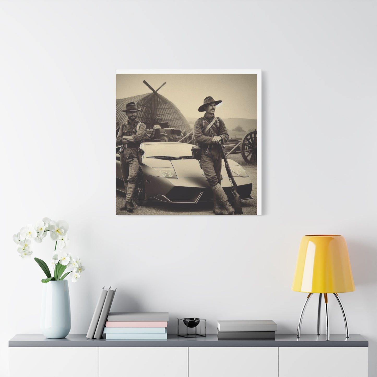 Civil War Soldiers leaning against a Modern Sports Car Antique Art