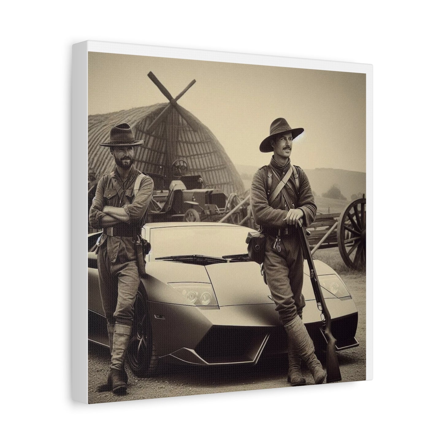 Civil War Soldiers leaning against a Modern Sports Car Antique Art