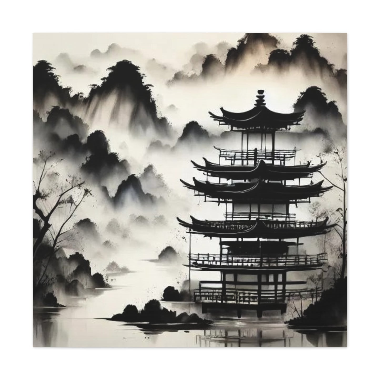 Fog on the Mountains Black and White Asian Abstract Art