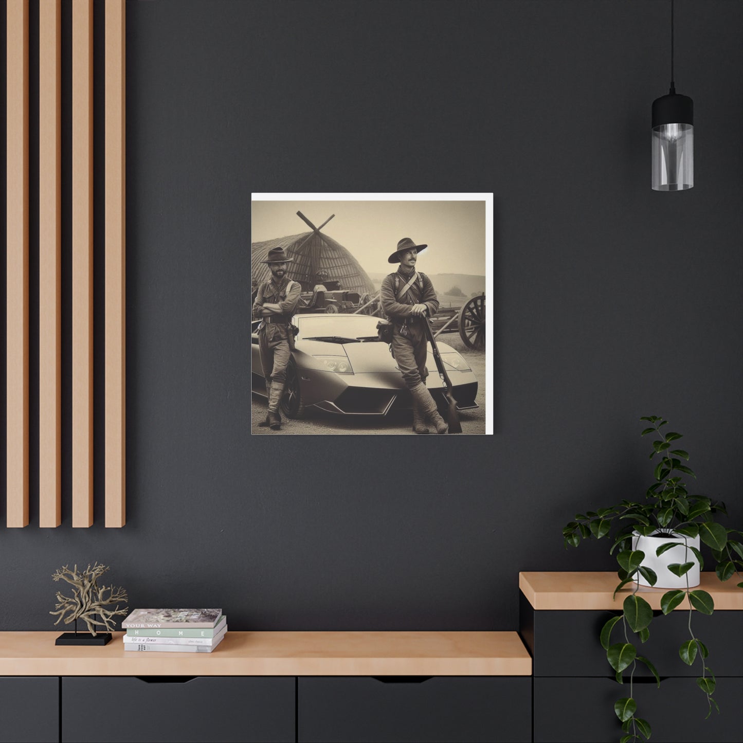 Civil War Soldiers leaning against a Modern Sports Car Antique Art