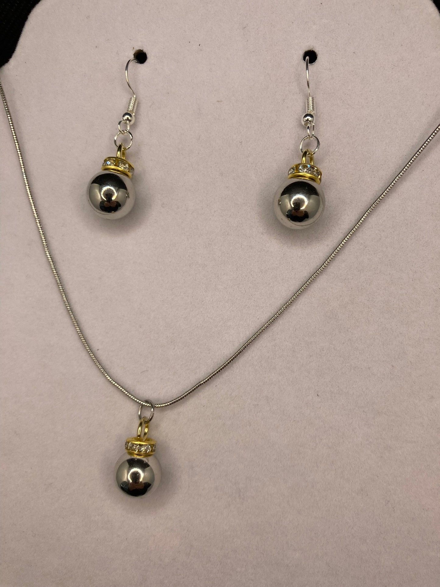 Silver and Gold Mirror Ball Earring and Necklace Set with Silver Chain for Holidays and Special Occasions.