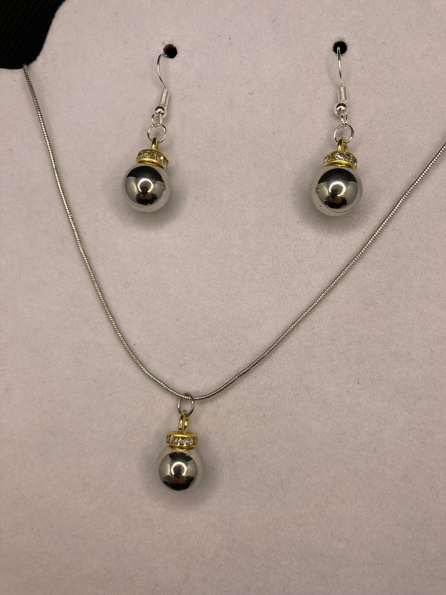 Silver and Gold Mirror Ball Earring and Necklace Set with Silver Chain for Holidays and Special Occasions.