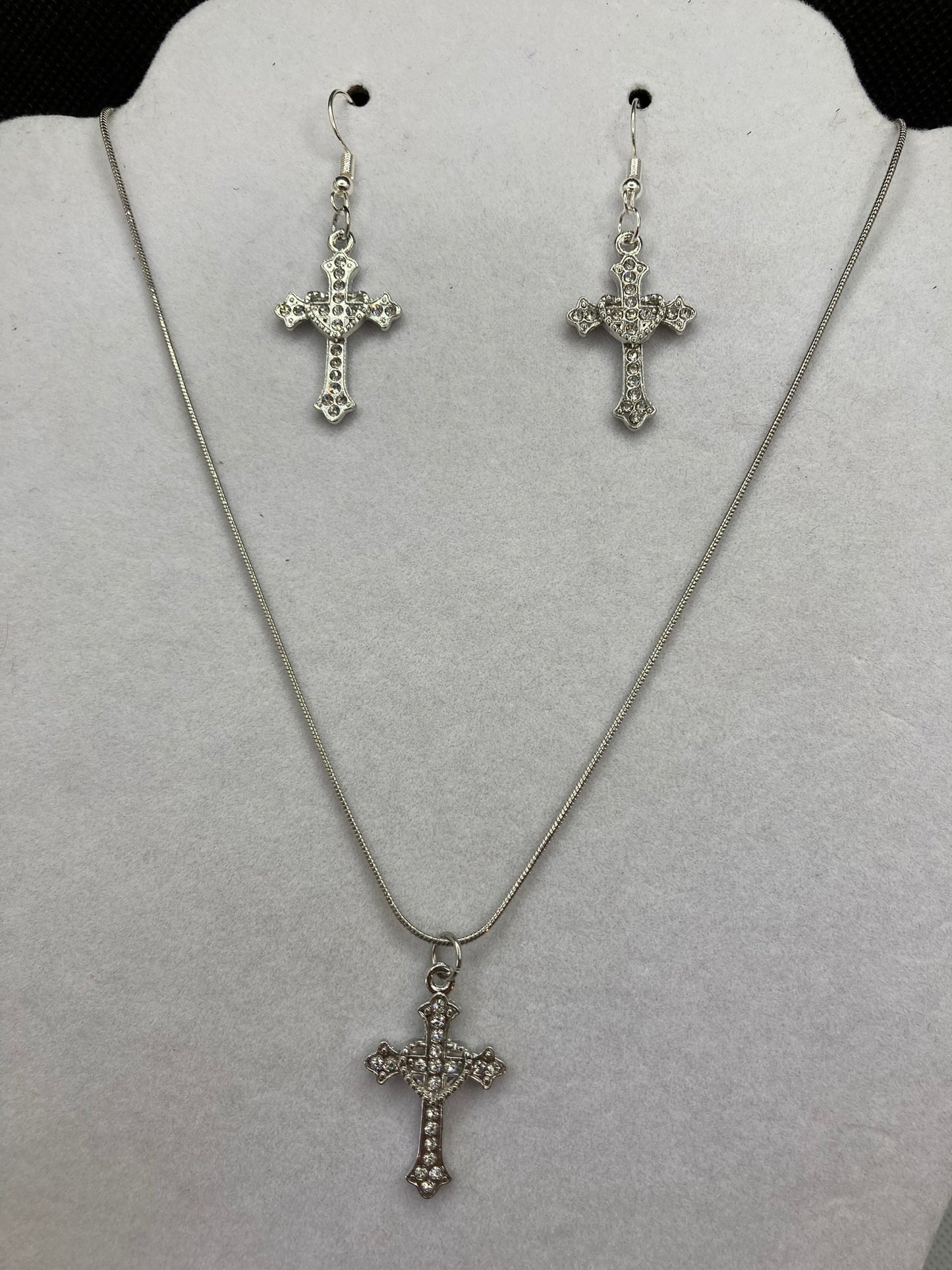 Silver Cross w Rhinestones Necklace and Earring Set with Specialty Chain, Southwest, Religious and Country Jewelry