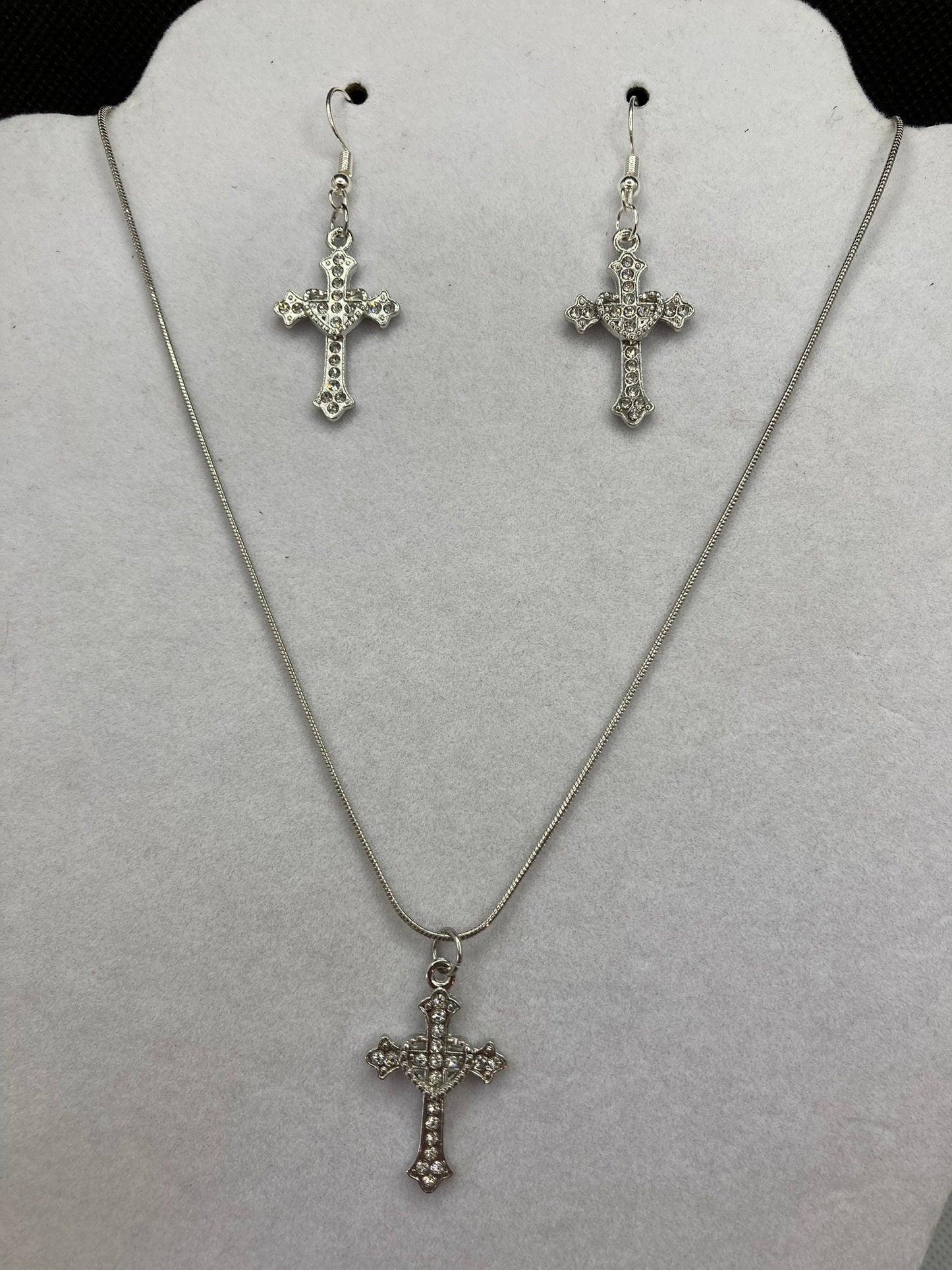 Silver Cross w Rhinestones Necklace and Earring Set with Specialty Chain, Southwest, Religious and Country Jewelry