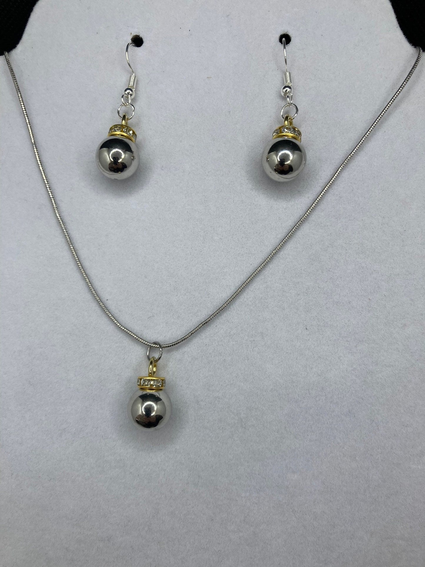 Silver and Gold Mirror Ball Earring and Necklace Set with Silver Chain for Holidays and Special Occasions.