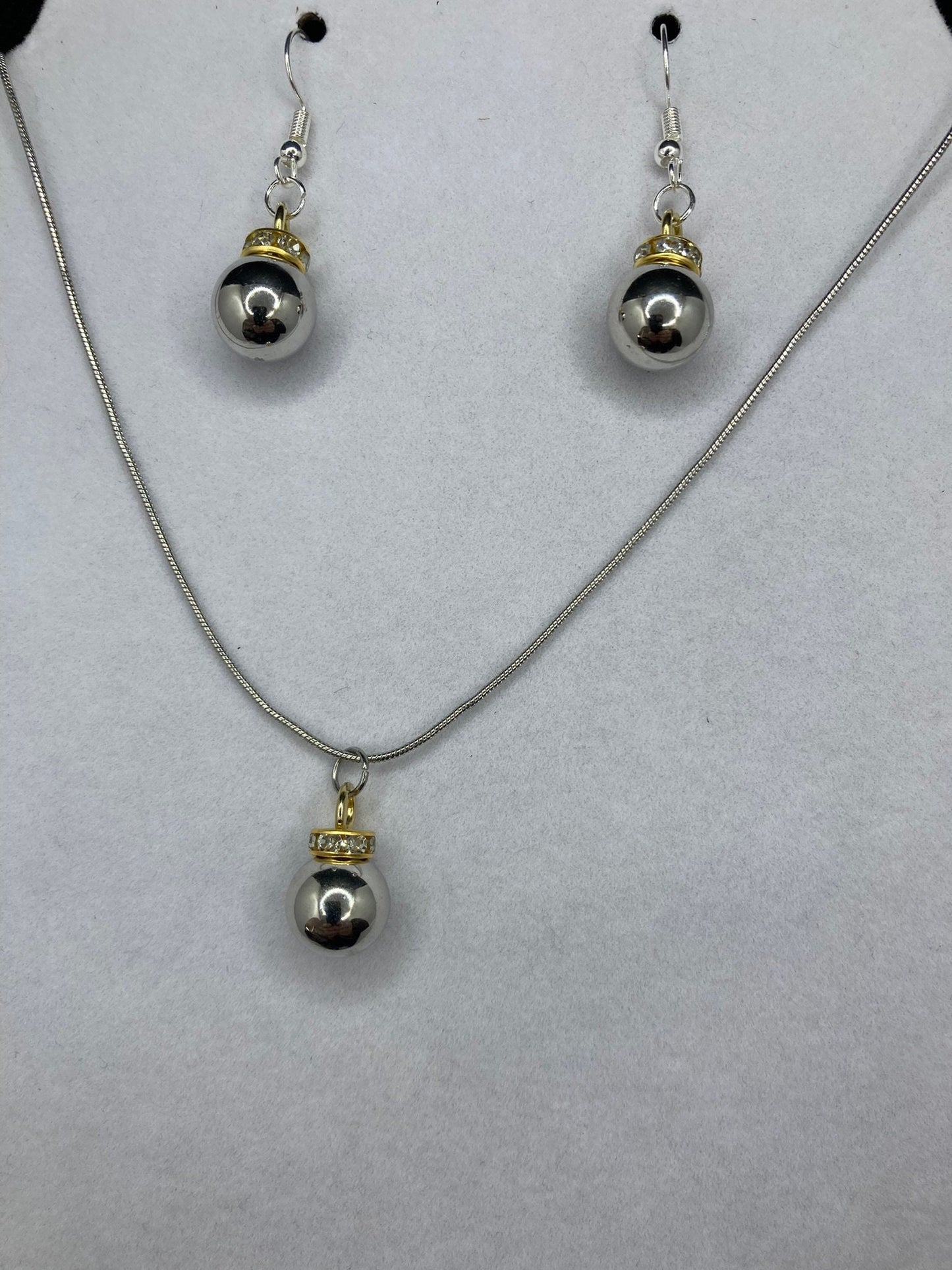 Silver and Gold Mirror Ball Earring and Necklace Set with Silver Chain for Holidays and Special Occasions.