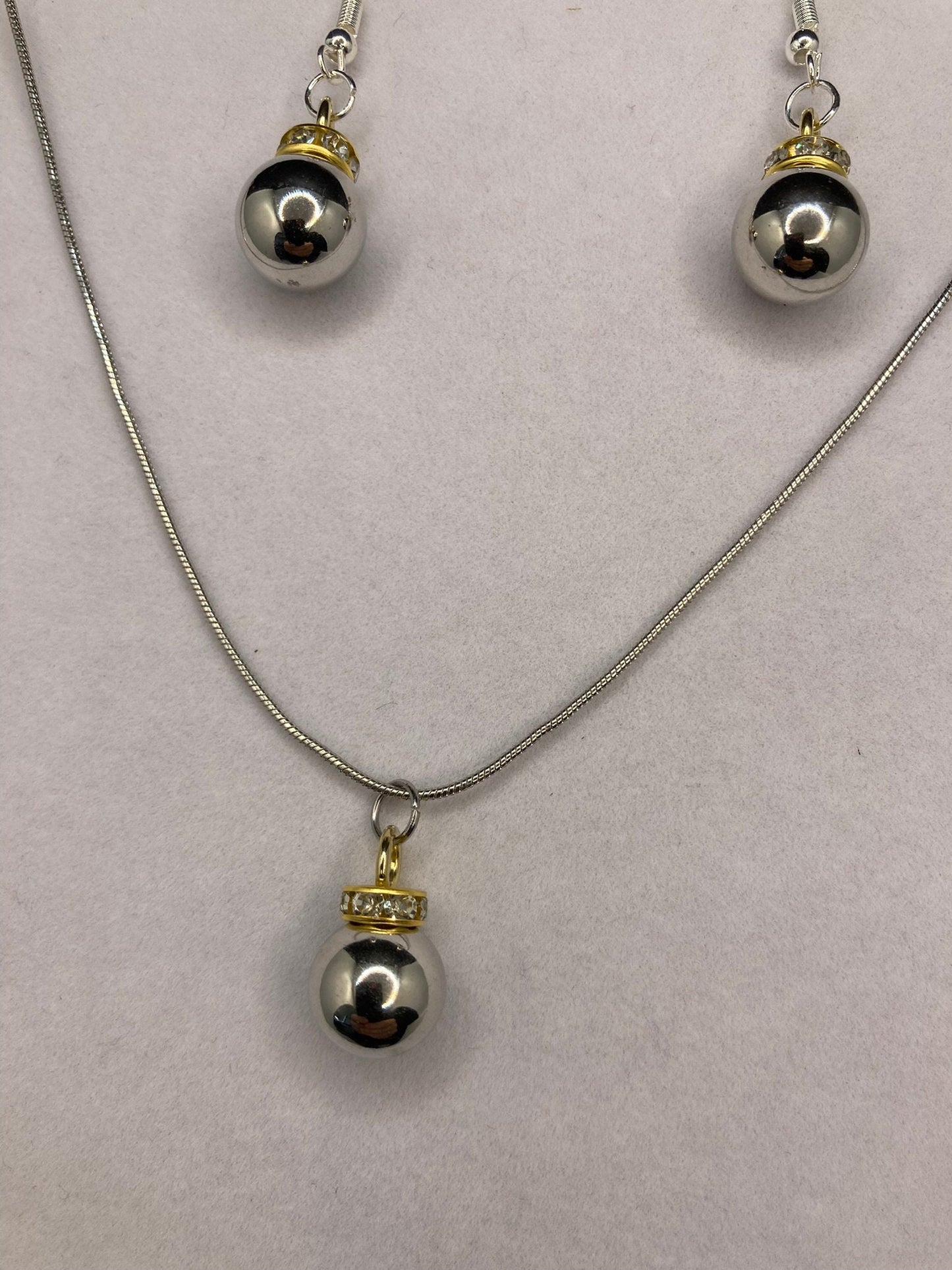 Silver and Gold Mirror Ball Earring and Necklace Set with Silver Chain for Holidays and Special Occasions.