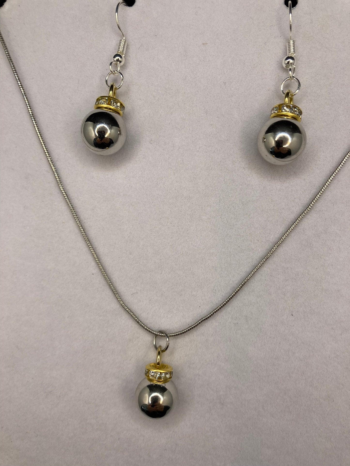 Silver and Gold Mirror Ball Earring and Necklace Set with Silver Chain for Holidays and Special Occasions.