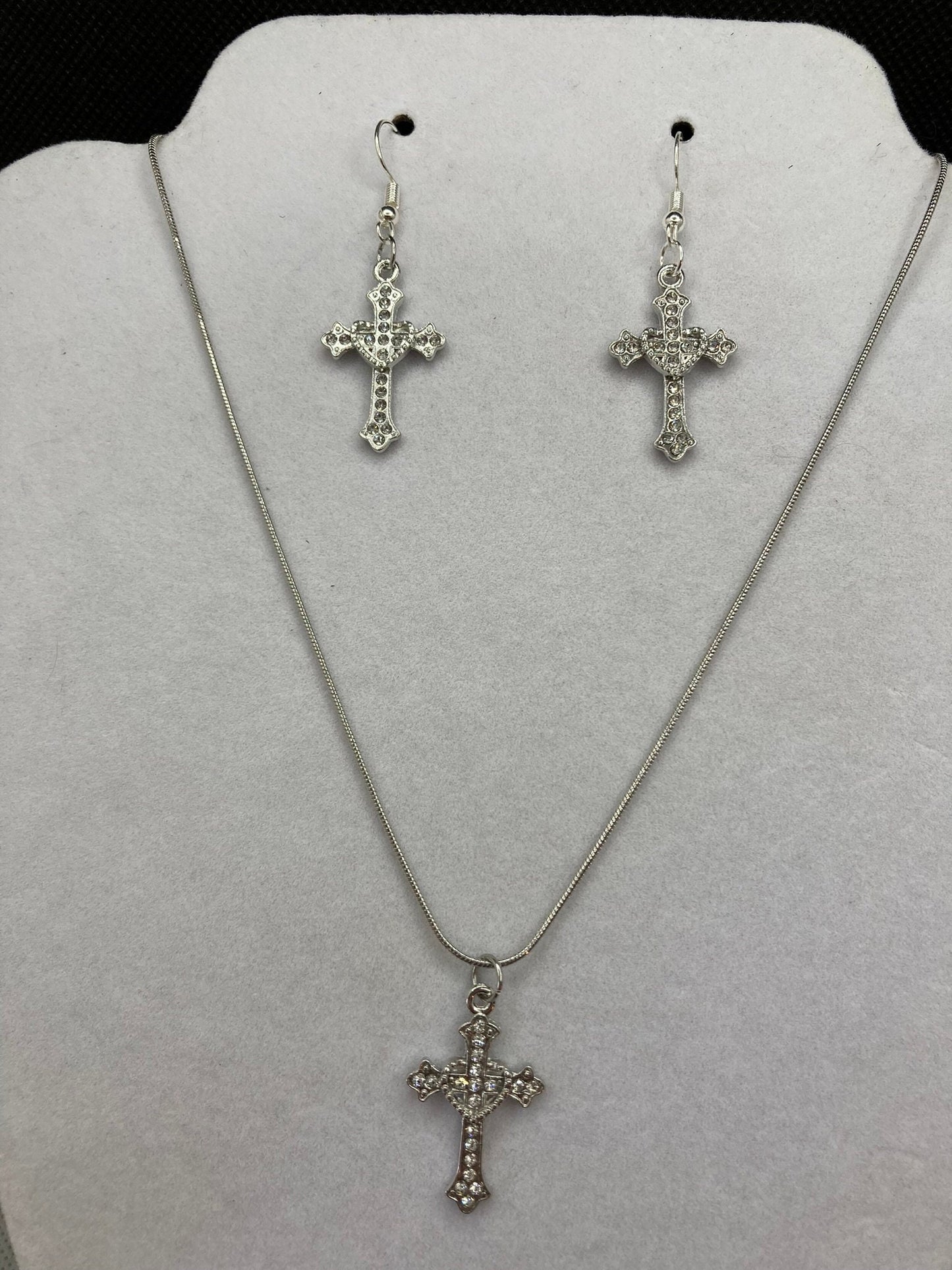 Silver Cross w Rhinestones Necklace and Earring Set with Specialty Chain, Southwest, Religious and Country Jewelry