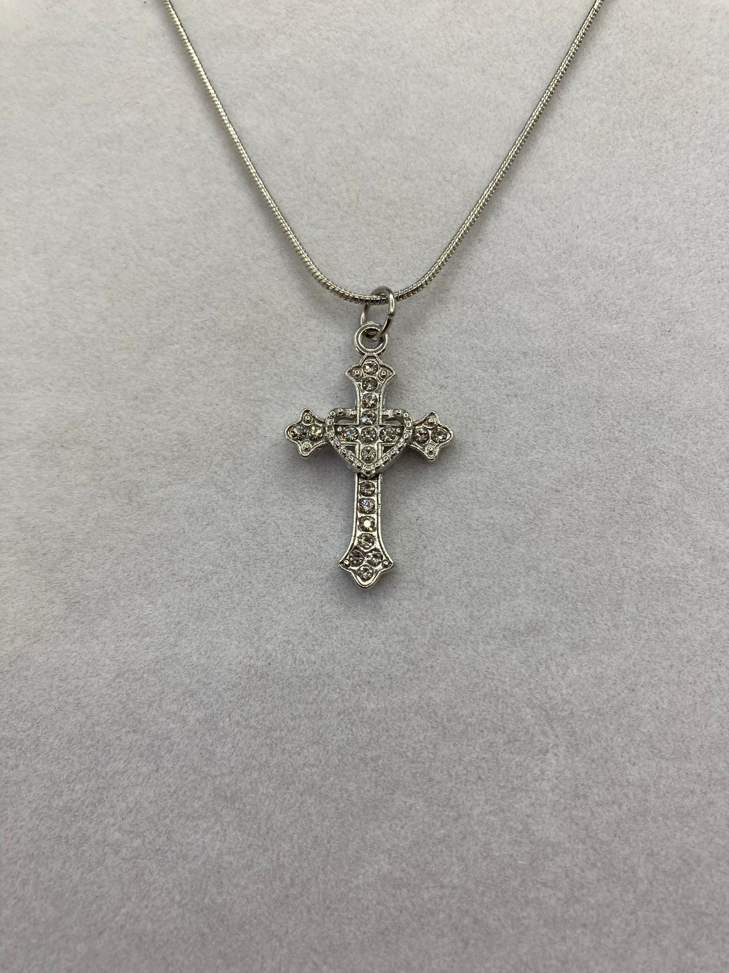 Silver Cross w Rhinestones Necklace and Earring Set with Specialty Chain, Southwest, Religious and Country Jewelry