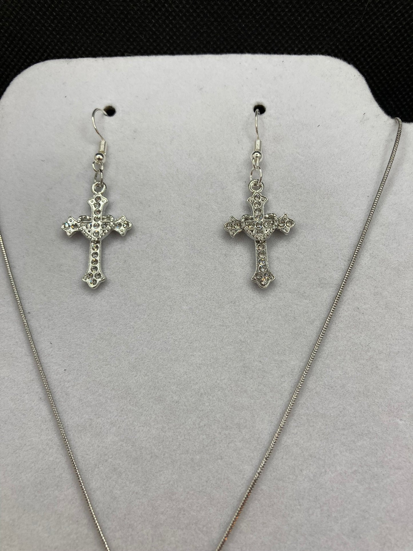 Silver Cross w Rhinestones Necklace and Earring Set with Specialty Chain, Southwest, Religious and Country Jewelry