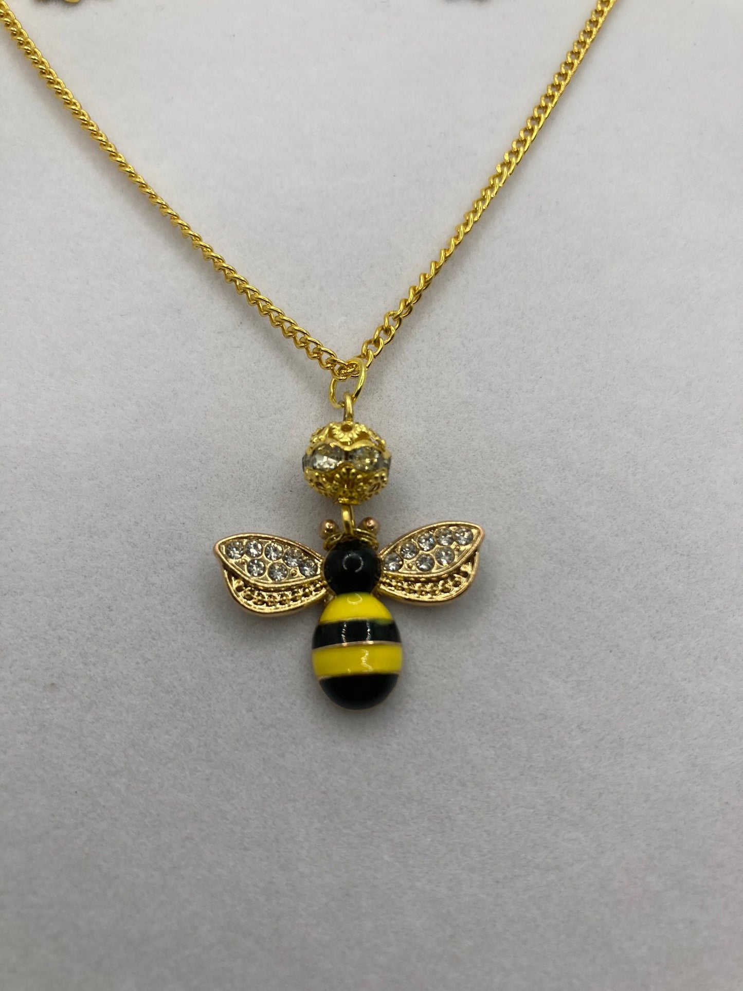 Gold Bee and Flower Necklace and Earring w Rhinestone Trim with Specialty Chain. Jewelry for outdoors, nature lovers Set 2