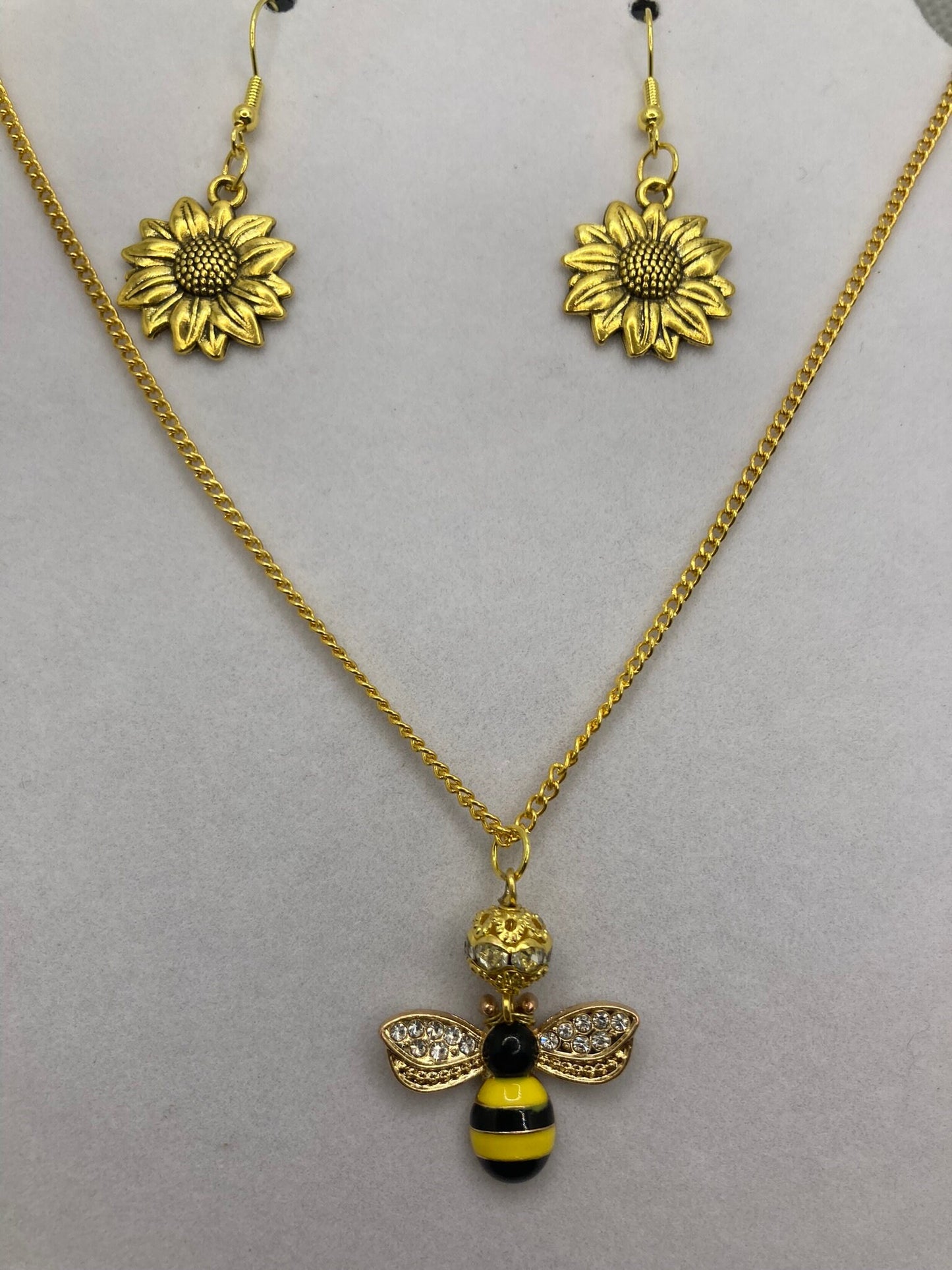 Gold Bee and Flower Necklace and Earring w Rhinestone Trim with Specialty Chain. Jewelry for outdoors, nature lovers Set 2