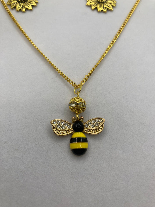 Gold Bee and Flower Necklace and Earring w Rhinestone Trim with Specialty Chain. Jewelry for outdoors, nature lovers Set 2