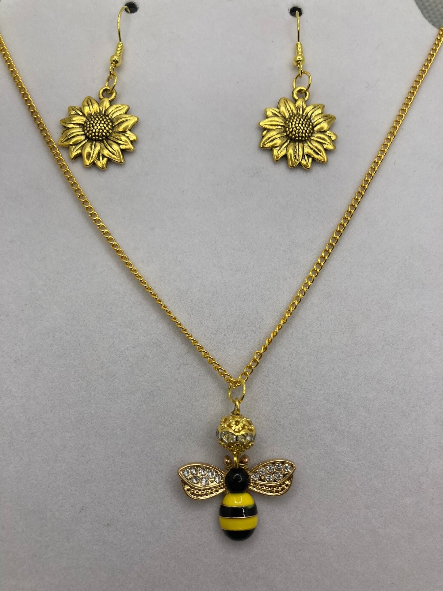 Gold Bee and Flower Necklace and Earring w Rhinestone Trim with Specialty Chain. Jewelry for outdoors, nature lovers Set 2