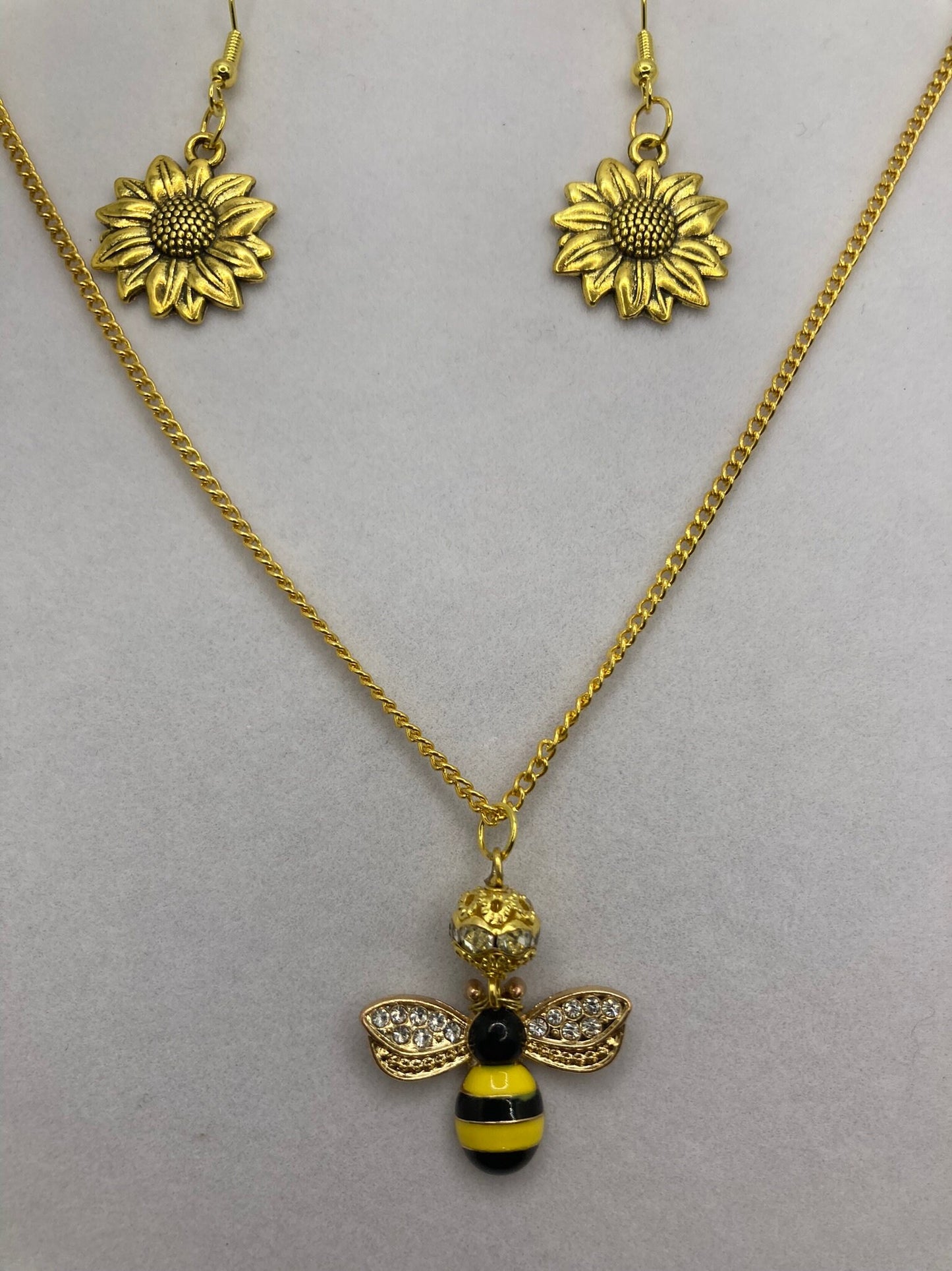 Gold Bee and Flower Necklace and Earring w Rhinestone Trim with Specialty Chain. Jewelry for outdoors, nature lovers Set 2