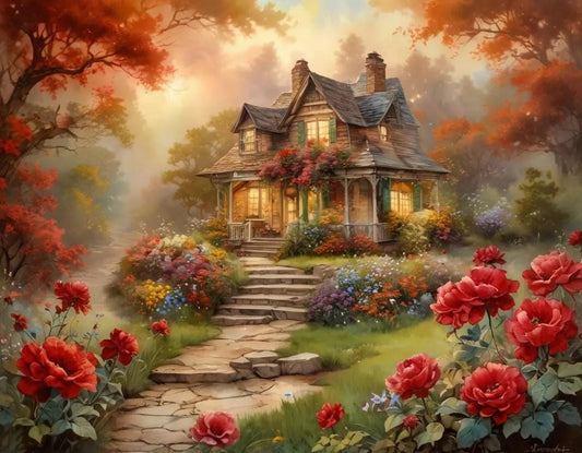 Old House with a Rose Garden PNG Download to make Pictures, posters, T-shirts, Tumblers, Mugs