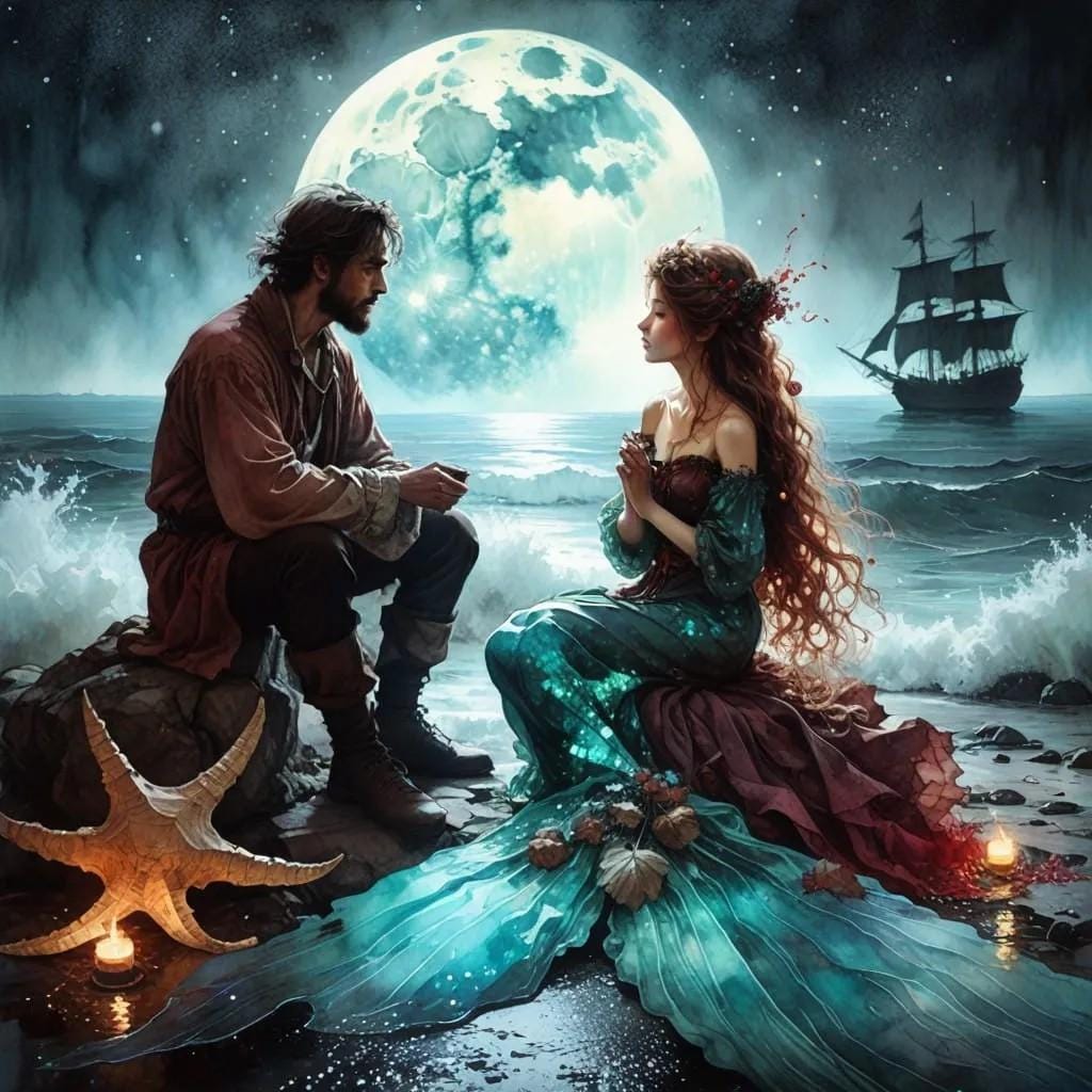 Fisherman and Mermaid -PNG Download to make Pictures, posters, T-shirts, Tumblers, Mugs