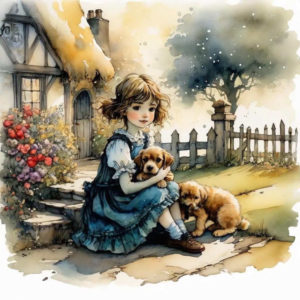 Girl w Her Puppies- PNG Download to make Pictures, posters, T-shirts, Tumblers, Mugs