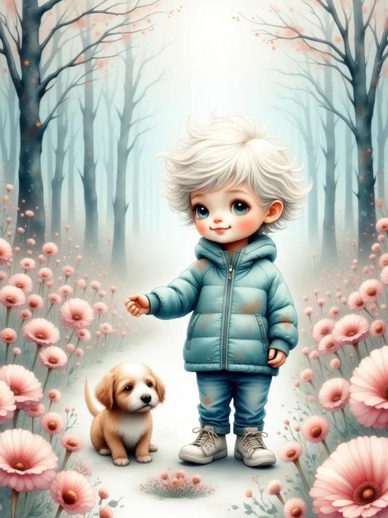 Little Boy and His Dog -PNG Download to make Pictures, posters, T-shirts, Tumblers, Mugs