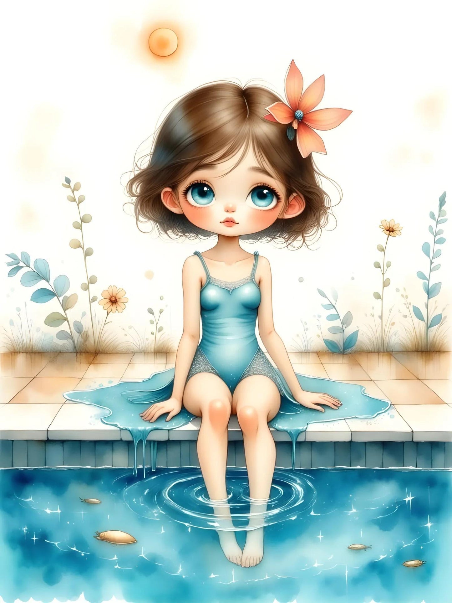 Little Girl at the Pool -PNG Download to make Pictures, posters, T-shirts, Tumblers, Mugs