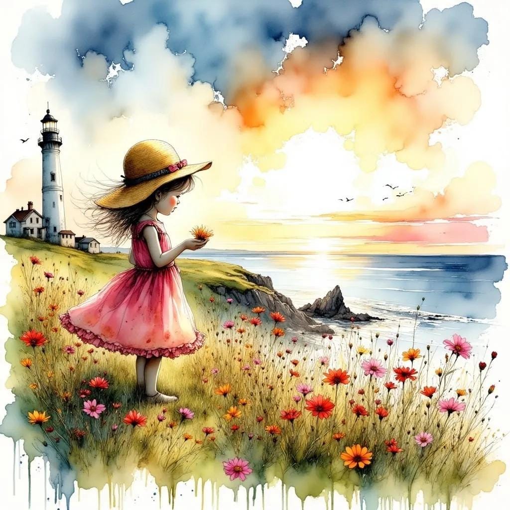 Little Girl at the Sea Shore children's Room Art -PNG Download to make Pictures, posters, T-shirts, Tumblers, Mugs