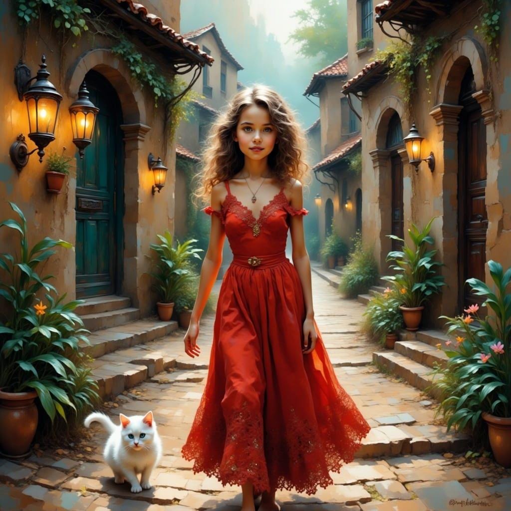 Girl in a Red Dress with Her Cat Children's Room Art -PNG Download to make Pictures, posters, T-shirts, Tumblers, Mugs