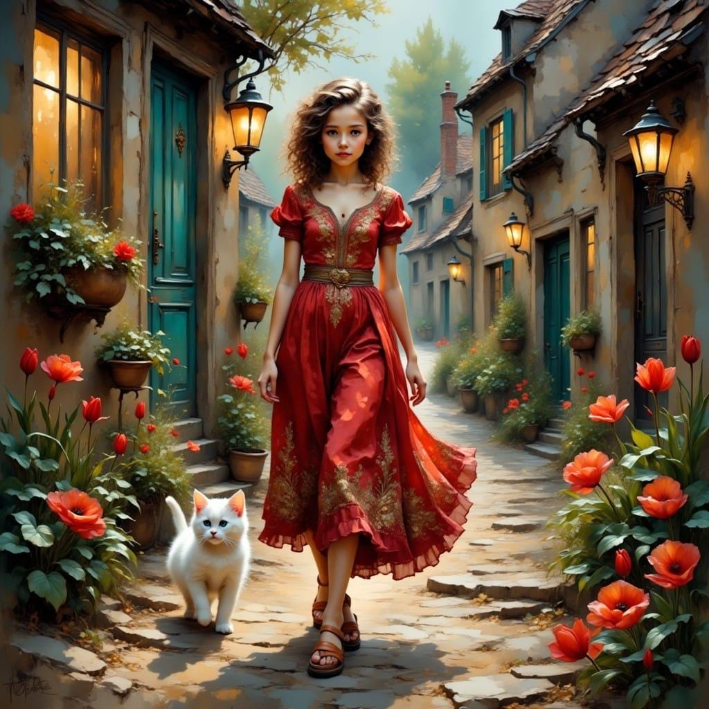 Girl in a Red Dress with Her Cat Children's Room Art -PNG Download to make Pictures, posters, T-shirts, Tumblers, Mugs