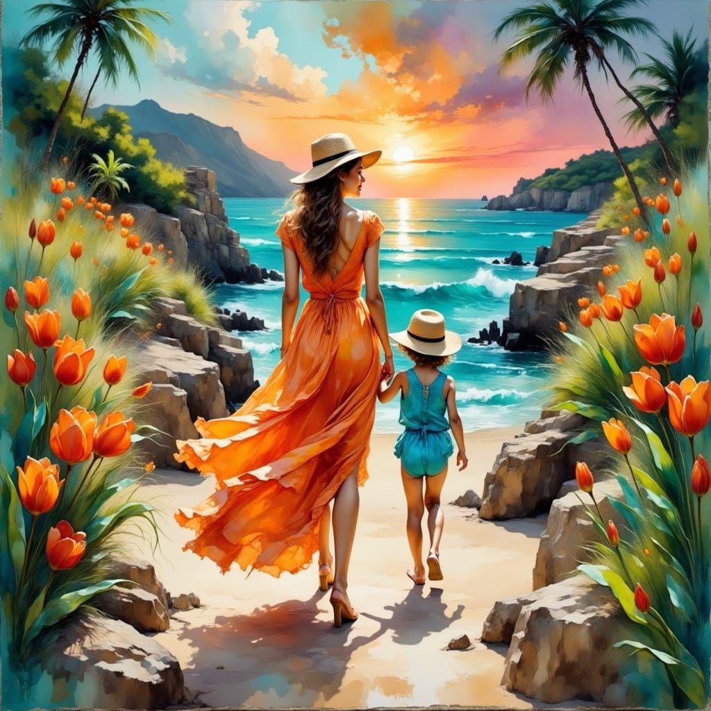 Mom and Child at the Beach Children's Room Art -PNG Download to make Pictures, posters, T-shirts, Tumblers, Mugs