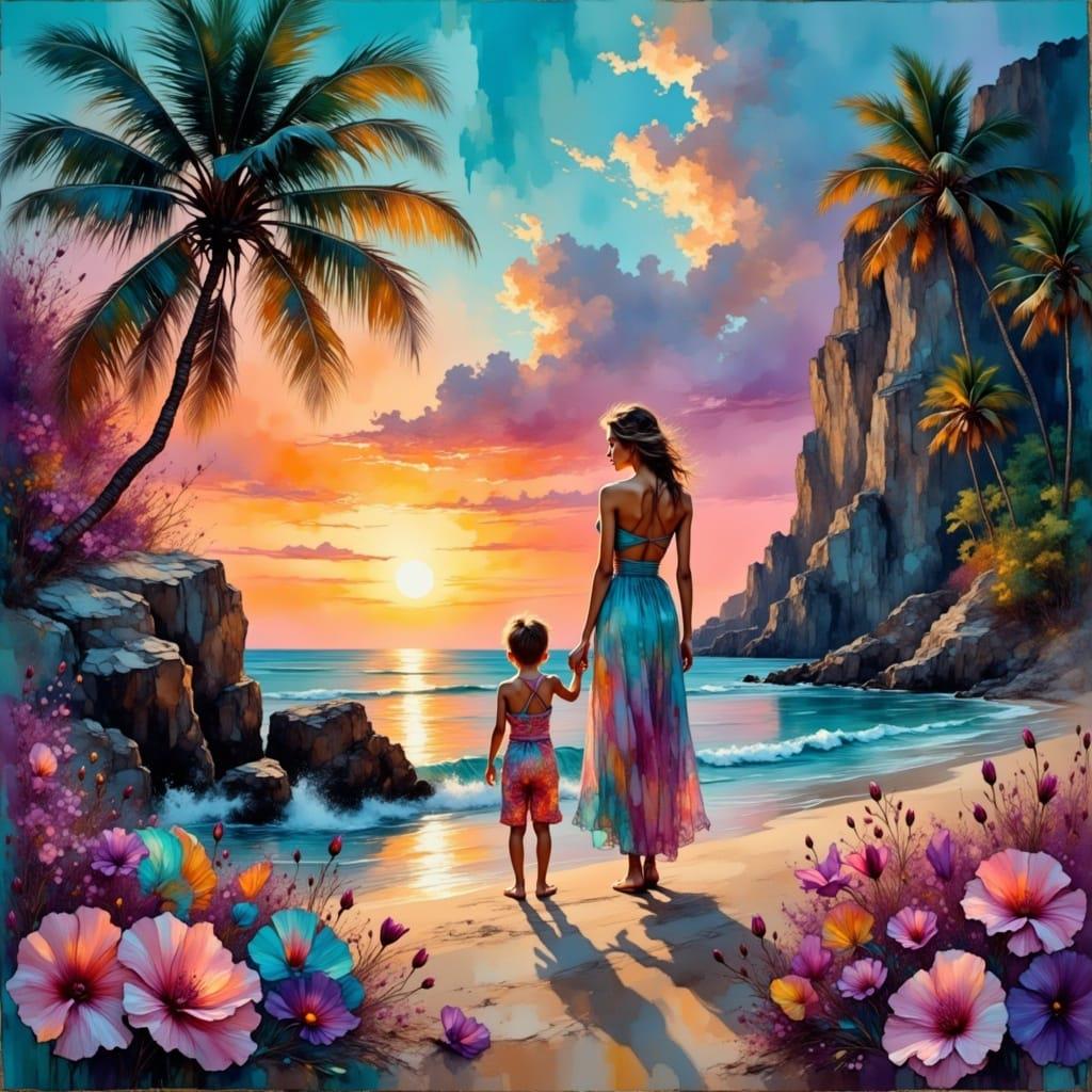 Mom and Child at the Beach Children's Room Art -PNG Download to make Pictures, posters, T-shirts, Tumblers, Mugs