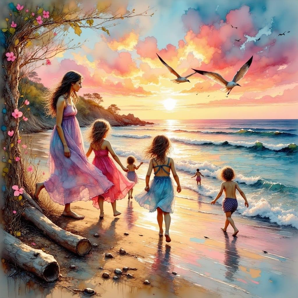 Mom and Kids at the Beach Children's Room Art -PNG Download to make Pictures, posters, T-shirts, Tumblers, Mugs