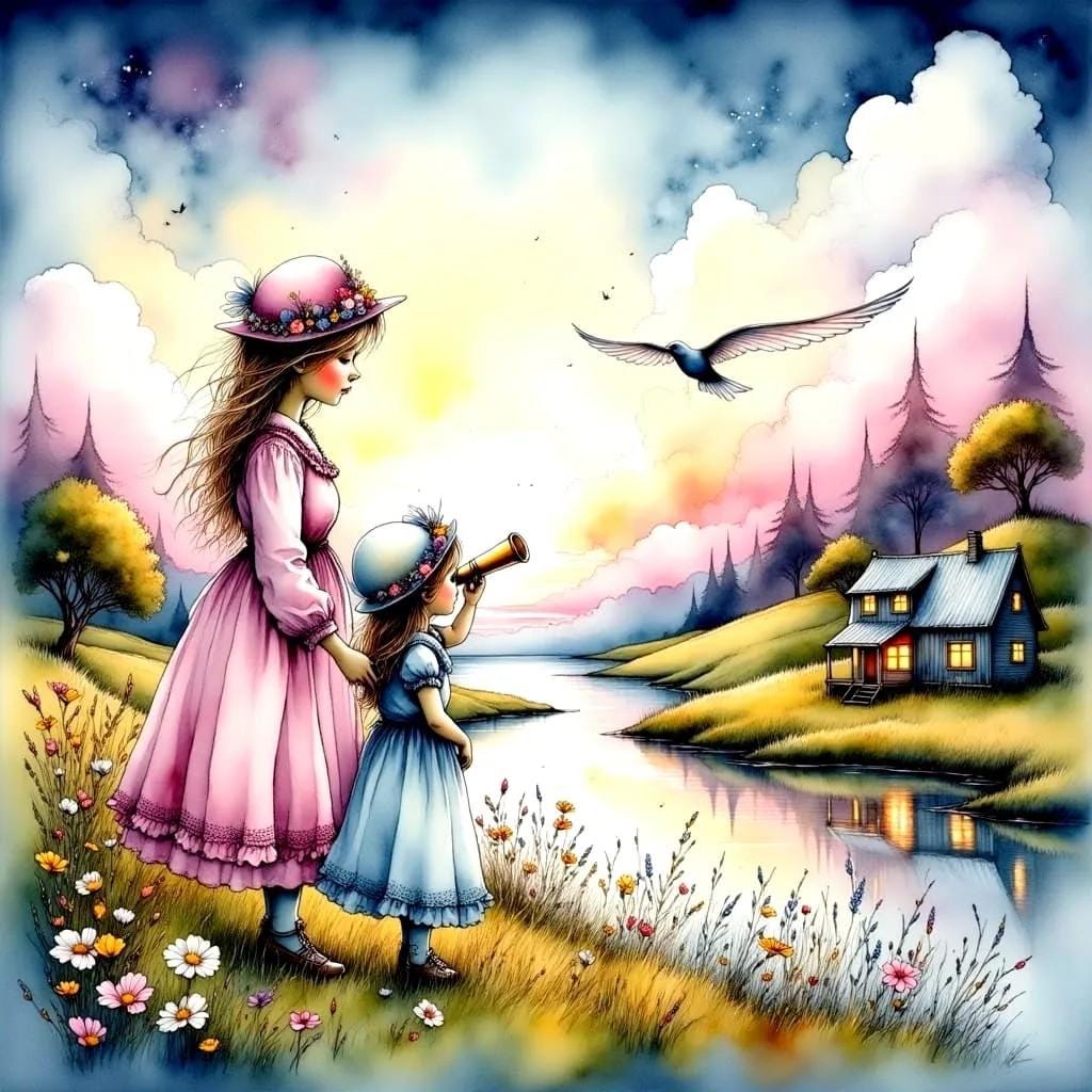 Mom and Daughter Bird Watching Children's Room Art -PNG Download to make Pictures, posters, T-shirts, Tumblers, Mugs