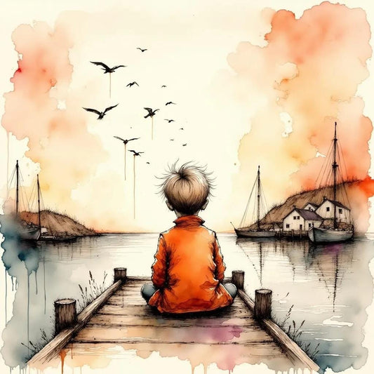 Boy on a Dock Children's Room Art -PNG Download to make Pictures, posters, T-shirts, Tumblers, Mugs