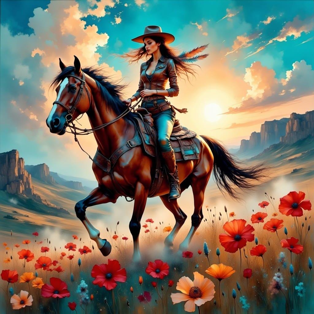 Southwest, Western Cowgirl, American Art -PNG Download to make Pictures, posters, T-shirts, Tumblers, Mugs