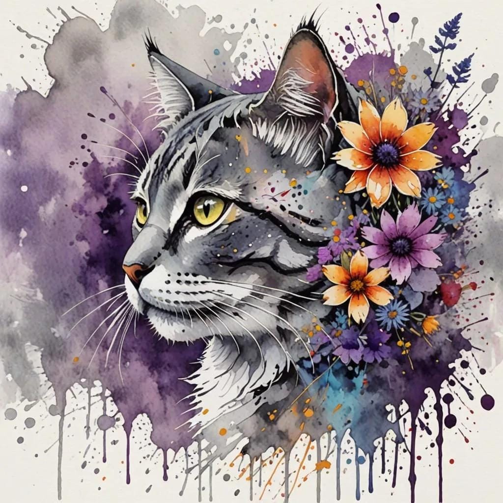 Cat w Flowers, Animal Art -PNG Download to make Pictures, posters, T-shirts, Tumblers, Mugs