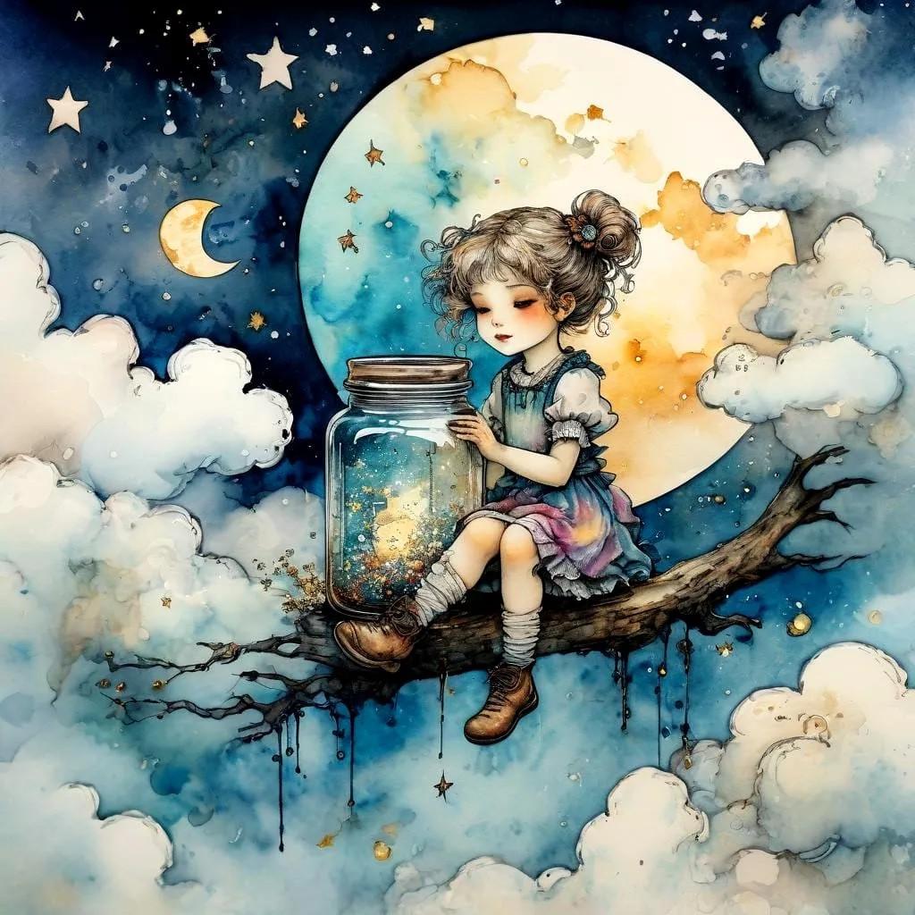 Girl and her Fireflies PNG Download to make Pictures, posters, T-shirts, Tumblers, Mugs