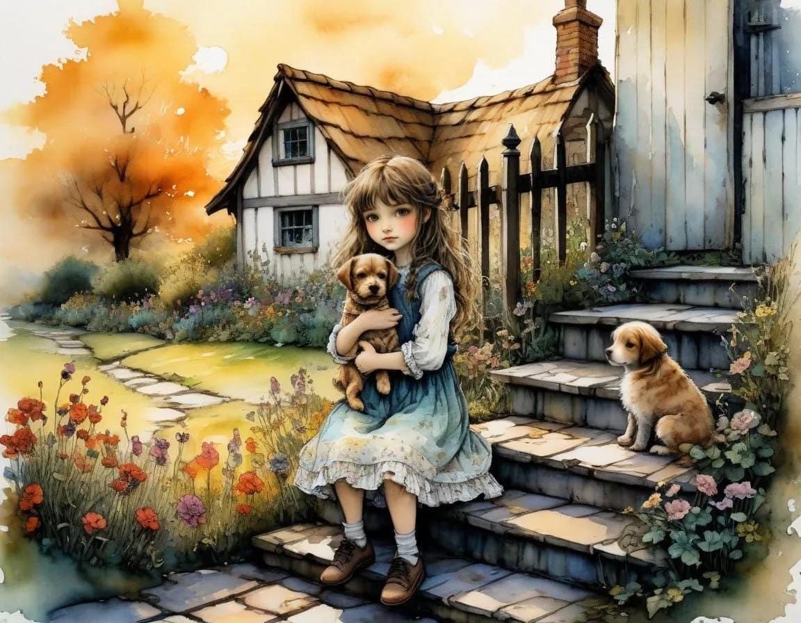 Girl and Her Puppies PNG Download to make Pictures, posters, T-shirts, Tumblers, Mugs