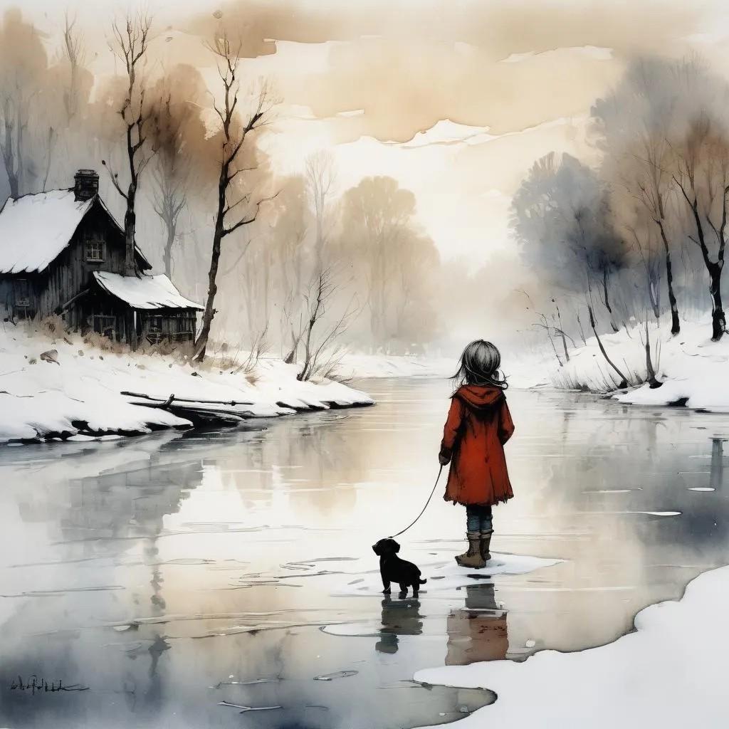 Girl w Her dog on the Ice -PNG Download to make Pictures, posters, T-shirts, Tumblers, Mugs