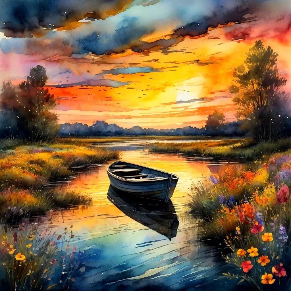 Boat on the Water at Sunset -PNG Download to make Pictures, posters, T-shirts, Tumblers, Mugs