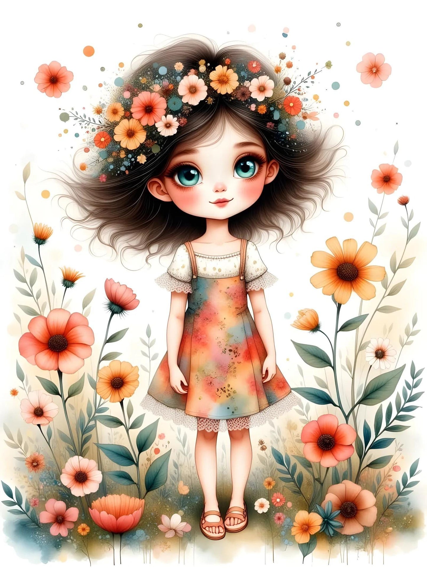 Girl with Flowers in Her Hair -PNG Download to make Pictures, posters, T-shirts, Tumblers, Mugs