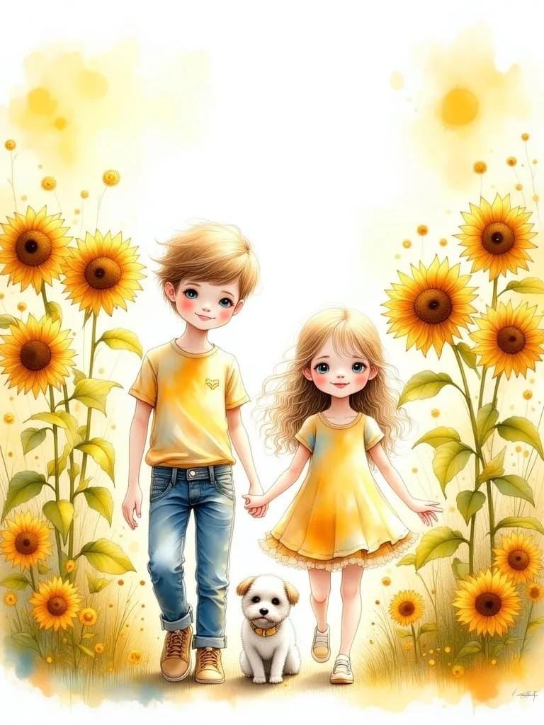 Boy and Girl in a Sunflower Field -PNG Download to make Pictures, posters, T-shirts, Tumblers, Mugs