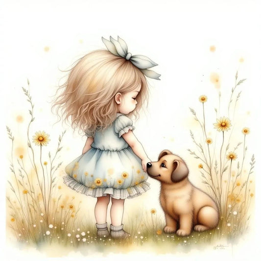 Little Girl with her Puppy-PNG Download to make Pictures, posters, T-shirts, Tumblers, Mugs